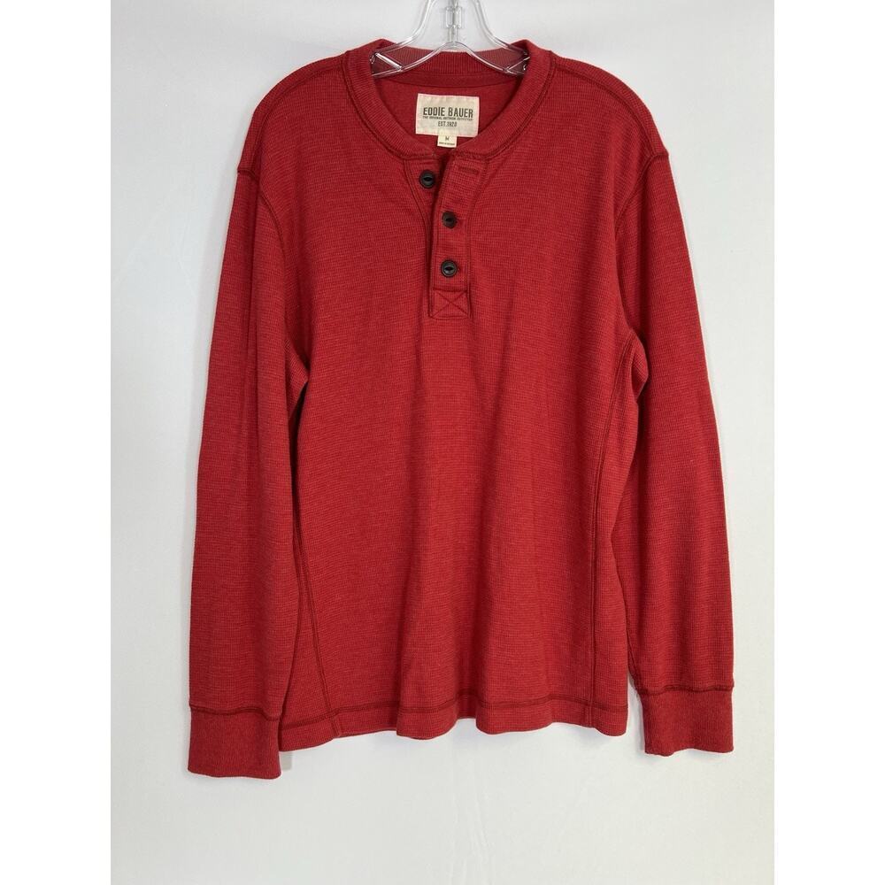 Eddie Bauer Thermal Henley Shirt Mens M Red Long Sleeve Waffle vtg